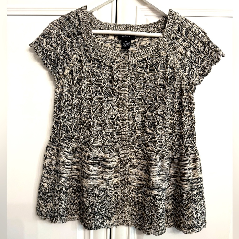 Women’s Sz Petite Large Loose Knit Short Sleeve Button Up Cardigan Brown/Cream